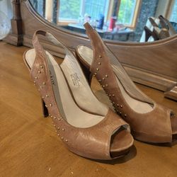 Leather Peep Toe High Heel Mules Size 8