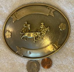 Vintage Metal Belt Buckle, Big Size, German Silver, Tony Lama, Cowboy, Cow Wrangling, Rodeo, Nice Western Style Design, 4 3/4" x 3 3/4", Heavy Duty, Q