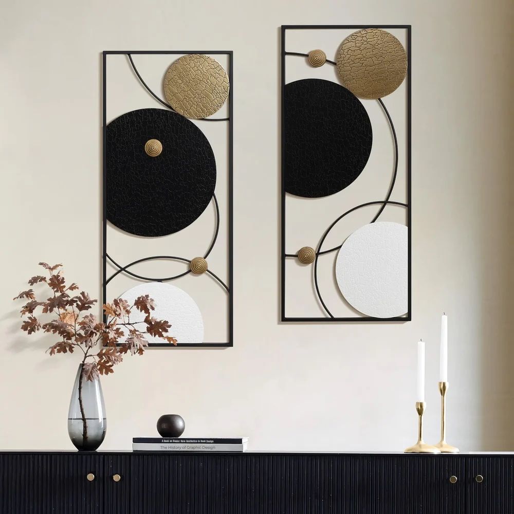 Black, white, and gold modern abstract wall décor set, 2-piece ,A2331