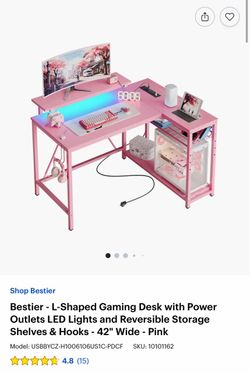 Gaming desktop BRAND NEW SEALED Bestier 42" Pink L-Shaped Gaming Desk – RGB Lights + Power Outlets