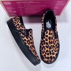Vans Classic Slip-On Leopard Black Brown Skate Shoe Sneakers Women 7.5 Men 6