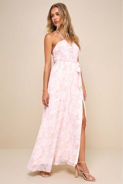 NWOT Lulus Effortlessly Abloom Light Pink Floral Ruched Halter Maxi Dress L
