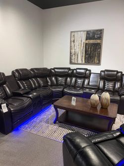  Stylish 3 Pc Brown Power reclining sectional w/LED light & Speakers