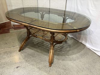 Vintage Oval Bamboo and Rattan Dining Table with Glass Top