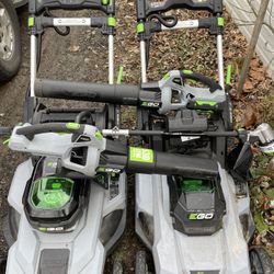 COMPLETE EGO POWER PLUS LAWN CARE BUNDLE ; Including ( 1 Self Propelled Mower ; 1 21” Walk Behind ; 2 530 CFM Handheld Leaf Blowers ; 1 16”WeedEater