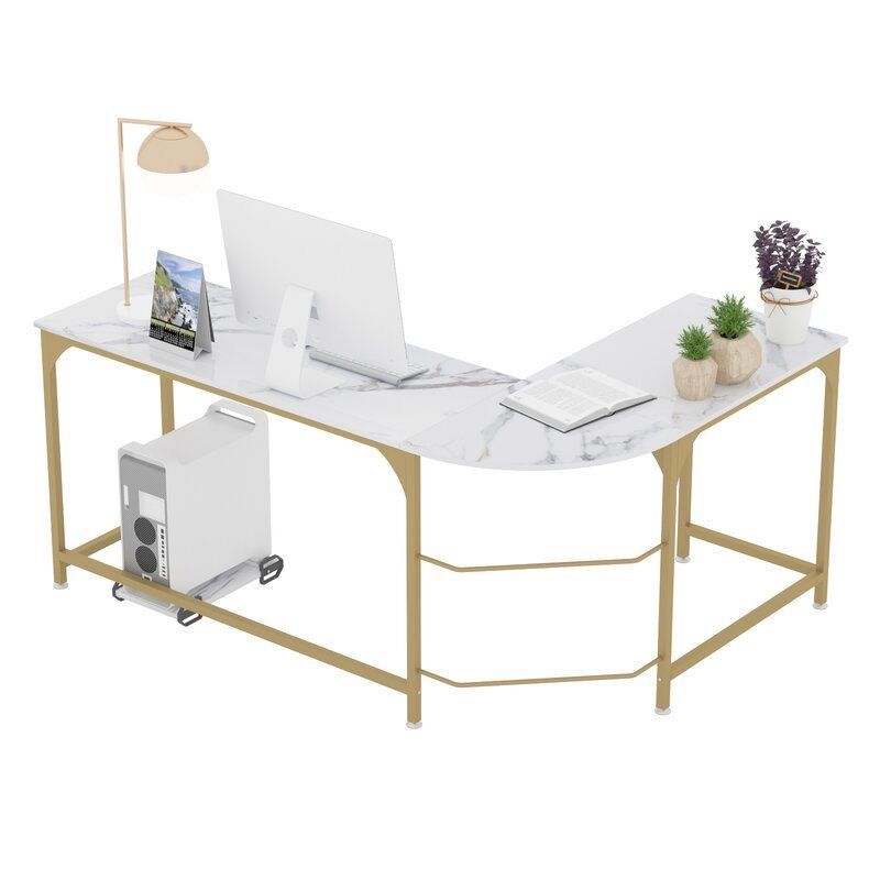 Gold and White L-Shaped Desk