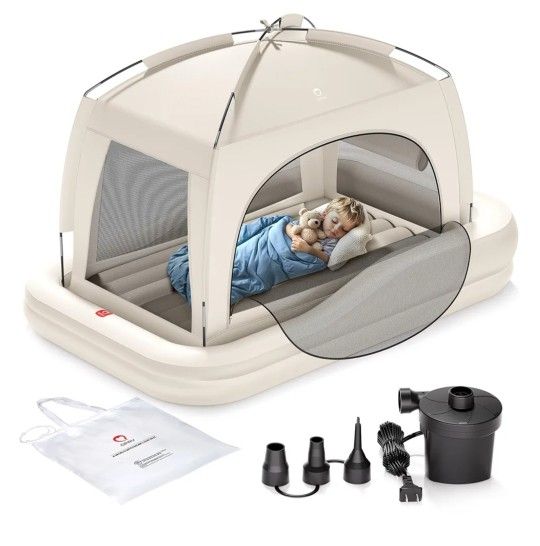 NEW  Inflatable Toddler Travel Bed with Tent, Baby Crib Tent, Portable Kids Air Mattress with Safety Bumpers, Ideal for Home, Grandma's, Camping, Trav
