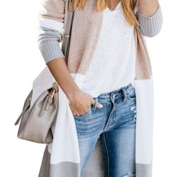 Womens Boho Open Front Cardigan Colorblock Long Sleeve Loose Knit Lightweight Sweaters

