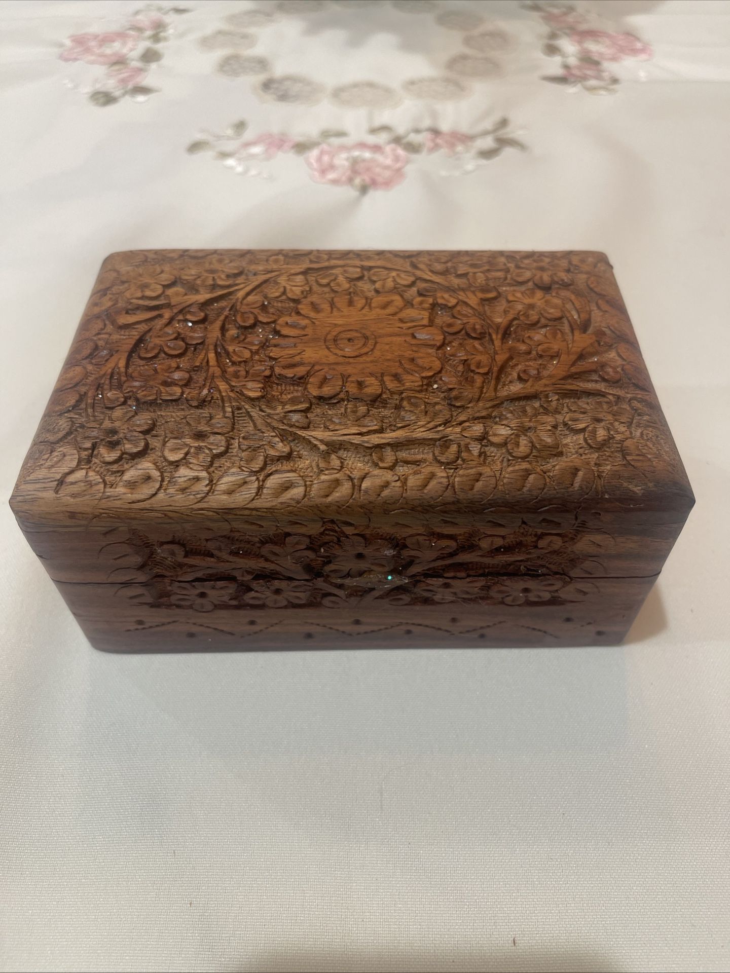 Ornately Carved Hard Wood Trinket Jewelry Box