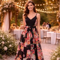 Windsor Floral Maxi Dress Large Black V Neck Sleeveless Side Slit Wedding