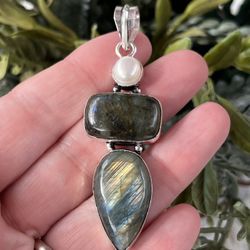 Fiery Labradorite & Pearl Gemstone 2.5” Pendant