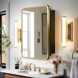 Modern Brushed Gold Metal Framed Mirror Medicine Cabinet 