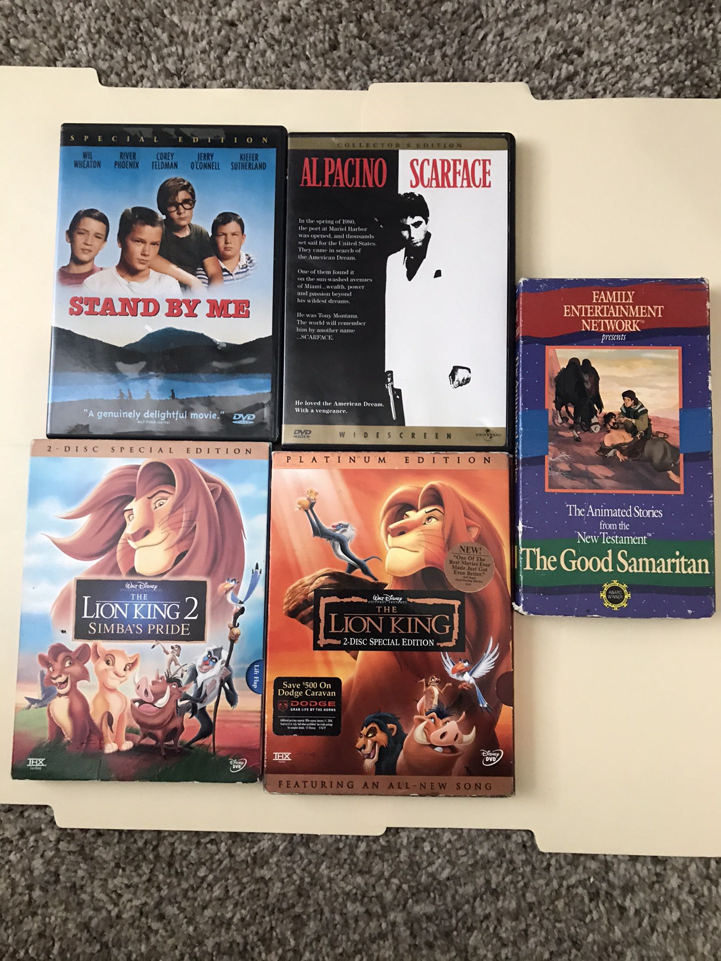Movies, 4 DVD’s 2 Lion King, Scarface, Stand By Me, Good Samaritan VHS, all Exc Cond