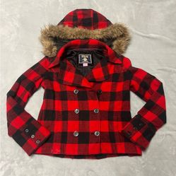 Women’s VS PINK Red and Black Plaid Peacoat with Faux Fur Hood