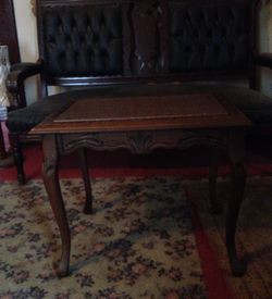Antique carved walnut wood mauve pink marble top table