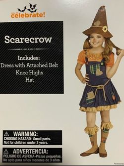 New girls size 7/8 deluxe scarecrow costume - dress with attached belt, knee highs and hat