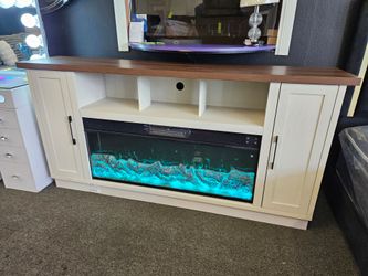 Brand New TV Stand Off White With Brown Top XL Fired Place Color Adjudtable, Electric Fired Place & Bluetooth Speaker $599