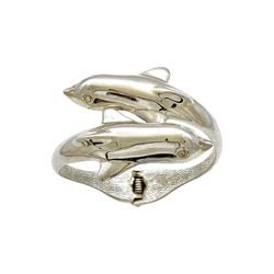 Two Dolphins Hinged Clamper- Polished Silver Tone 3D Detailed Bracelet - Vintage Symbolic Friendship Jewelry Accessory  	