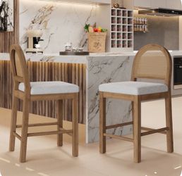 Upholstered Counter Stool Solid Wood Frame Natural Rattan Woven Back for Kitchen Island and Bar Tables Brown and Gray Seat Height 24.5inch Set of 2