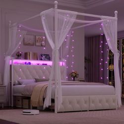 Full Size Upholstered LED Canopy Bed Frame with Storage and Charging Station, Button Tufted Storage Headboard with Bookshelf, Two-Use Metal Platform B