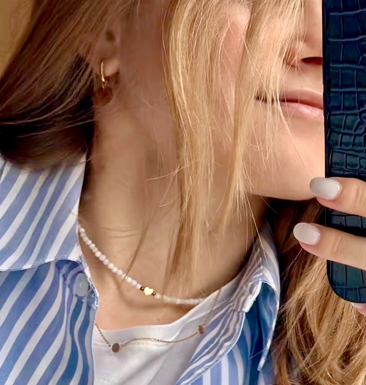 Dainty Mother Of Pearl Bead Choker Necklace 18K Gold-Plate Stainless Steel 14.5”