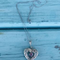 Beautiful Vintage Sterling Silver Signed Heart &  Brilliant Floating Pink Stone On 18” Silver Chain 