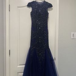 Midnight Blue Prom Wedding Dress Formal Gown Sequence Long Vestido Largo Asul Xs Size 0