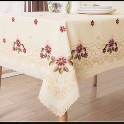 Decorative Red Floral Print Lace Water Resistant Tablecloth Wrinkle Free and Stain Resistant Fabric Tablecloths for Kitchen Room 60 Inch by 84 Inch