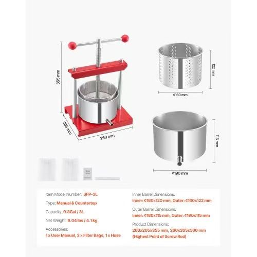 0.8 Gal/3L Fruit Wine Press, 2 Stainless Steel Barrels, Manual Juice Maker, Cider Apple Grape Tincture Honey Olive Oil Making Press with T-Handle for