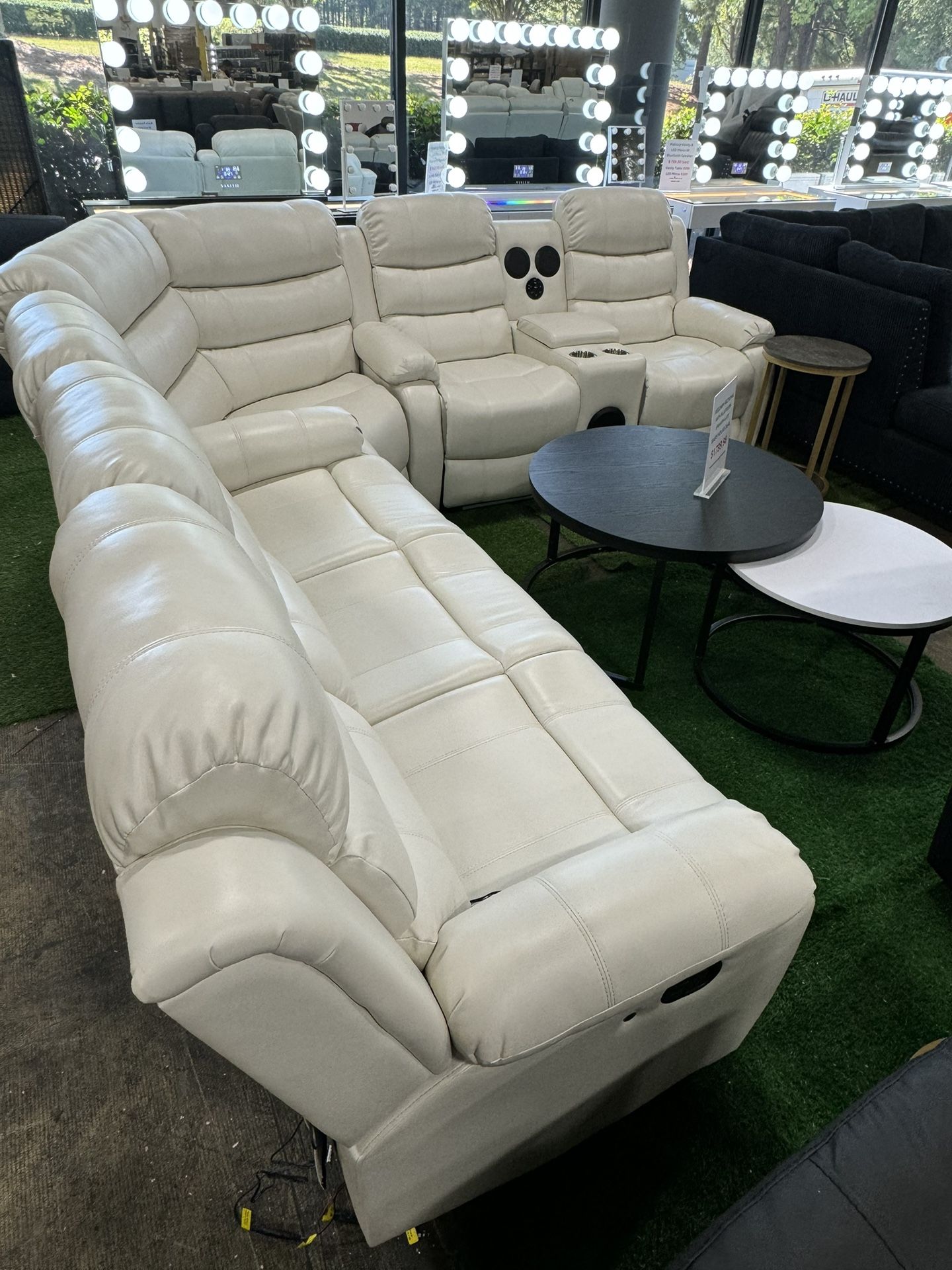White Recliner Sectional with Bluetooth Speaker and LED Lights