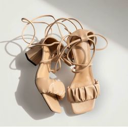 Nude Ruched Lace Up Block Heel Sandals size fits 6/6.5