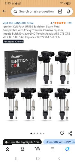 lgnition Coil Pack UF569 & Iridium Spark Pluc Compatible with Chevy Traverse Camaro Equinox Impala Buick Enclave GMC Terrain Acadia ATS CTS XTS V6 2.8