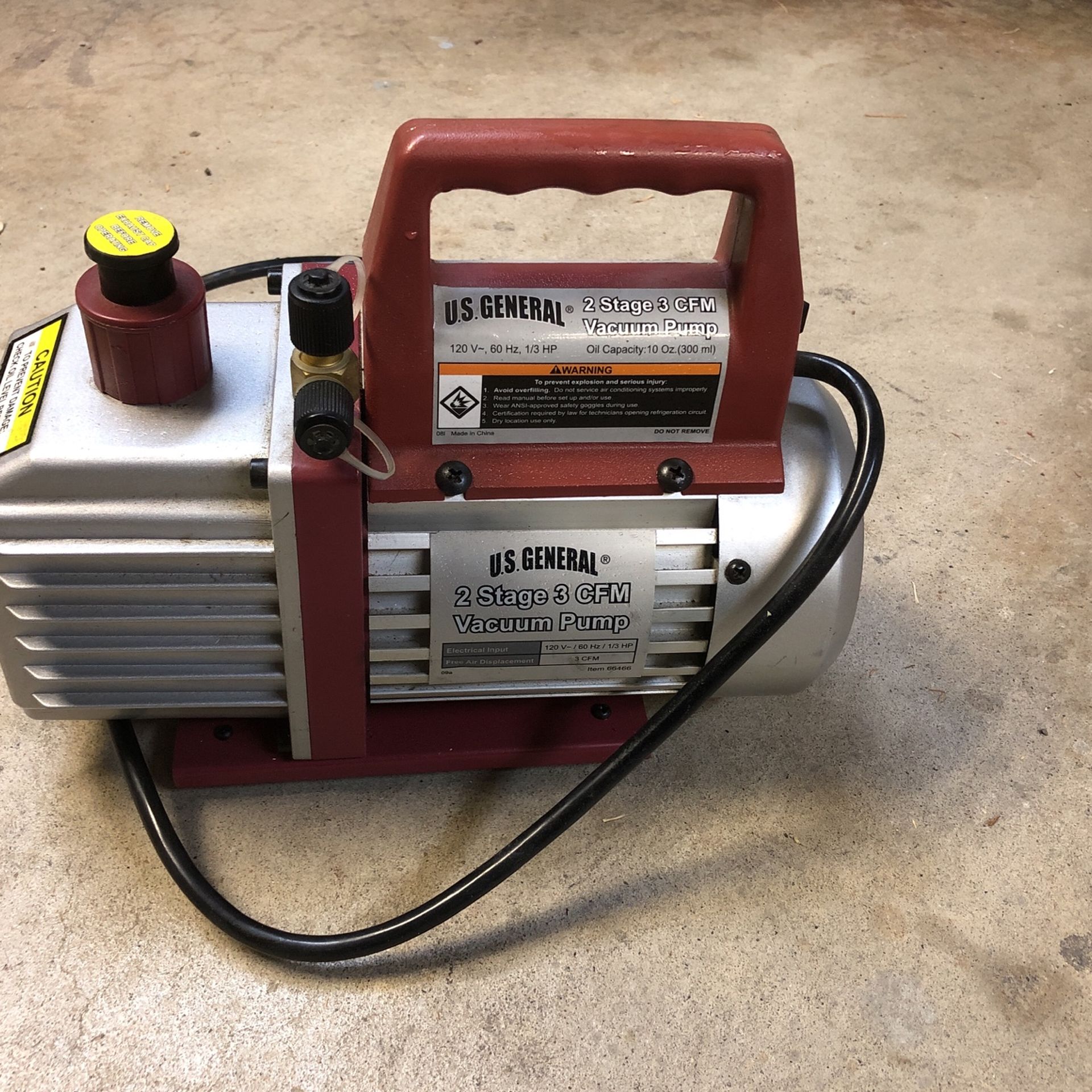 US GENERAL 2 STAGE 3 CFM VACUUM PUMP 120V 1/3 HP 10 oz OIL CAPACITY 66466