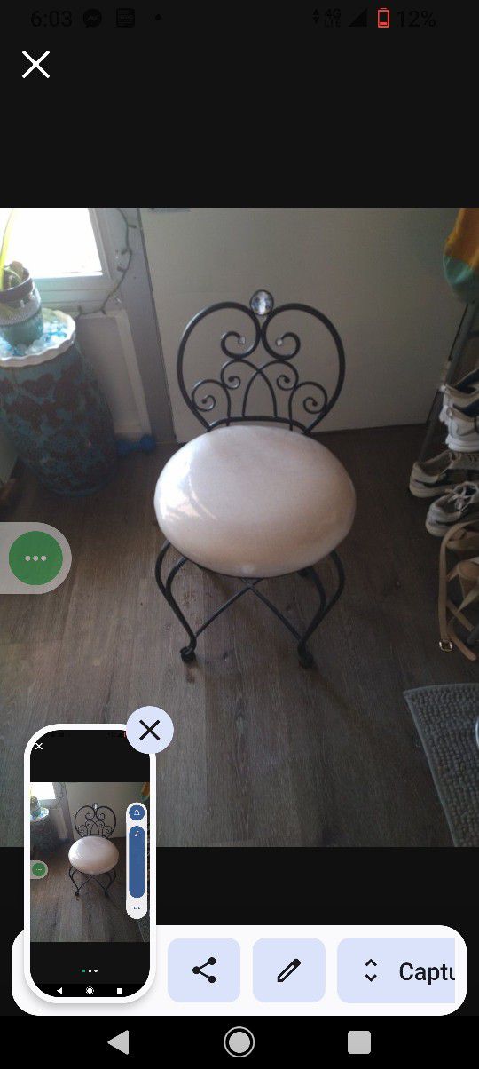 Black Iron Vanity Seat , Chair In Good Condition, Very Sturdy Plastic Cover Still On Cushion Spotless