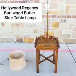 Rare Unique Hollywood Regency Burlwood Butler Side Table Lamp