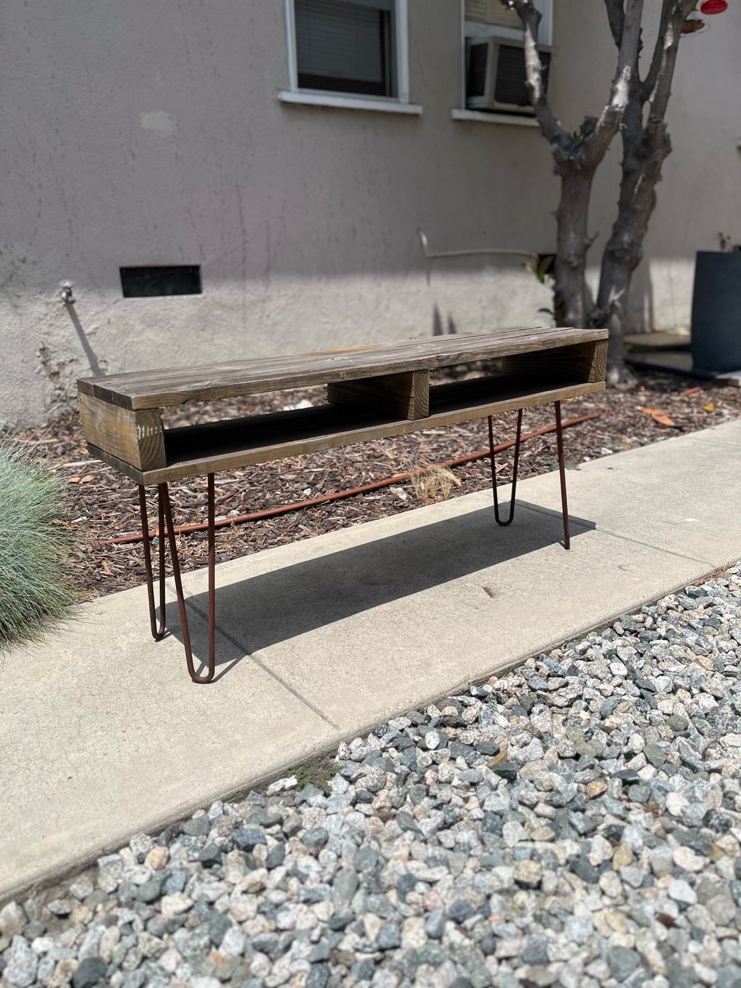 Wooden bench, metal hairpin legs