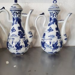 2 Vintage Blue & White Porcelain Teapot
