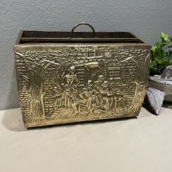 VTG Embossed Brass & Wood Magazine Holder/Rack