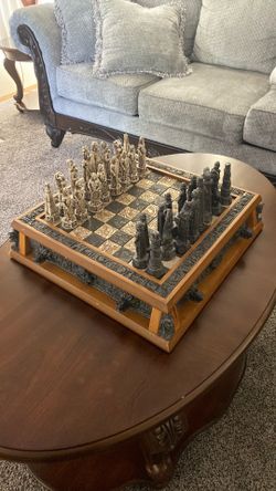 Large Vintage Aztecs vs Conquistadors Stone, Resin, and Wood Chess Set