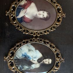 16.5” Vintage Bubble Glass Oval Ornate Framed Portraits/Photos  of Pauline Bonaparte and Madame Rimsky-Korsakov