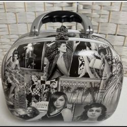 Rome-Miami-NY-London, B&W Dual Sided Travel Case, Makeup Bag, and Mirror. Hard Cover 