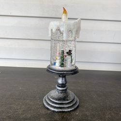 FLICKERING Lighted CANDLE SNOWMAN WATER SNOW GLOBE on HOLDER
