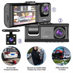 Dash Cam W/ IR Night Vision Loop Recording & 2" IPS Screen 1080P 3 Camera