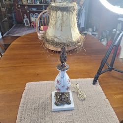 Vintage Porcelain & Metal Rosebud Lamp  With Shade