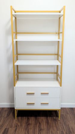Modern White and Gold Bookshelf with Fluted Drawers