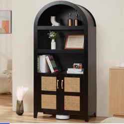 HABUTWAY 72'' Arched Storage Cabinet with Beech-Rattan Door, Tall Arched Pantry Bookshelf with Adjustable Shelves, Modern Farmhouse Wooden Bookcase Ki