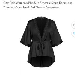 City Chic Women's Plus Size Ethereal Sleep Robe Lace-Trimmed Open Neck 3/4 Sleeves Sleepwear size 14