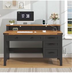 Black & Brown Computer Desk with Hutch and Drawers