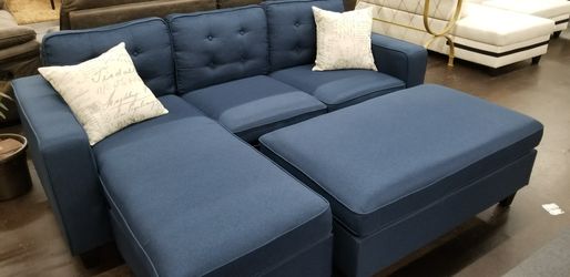 Blue fabric sectional sofa chaise for tight space