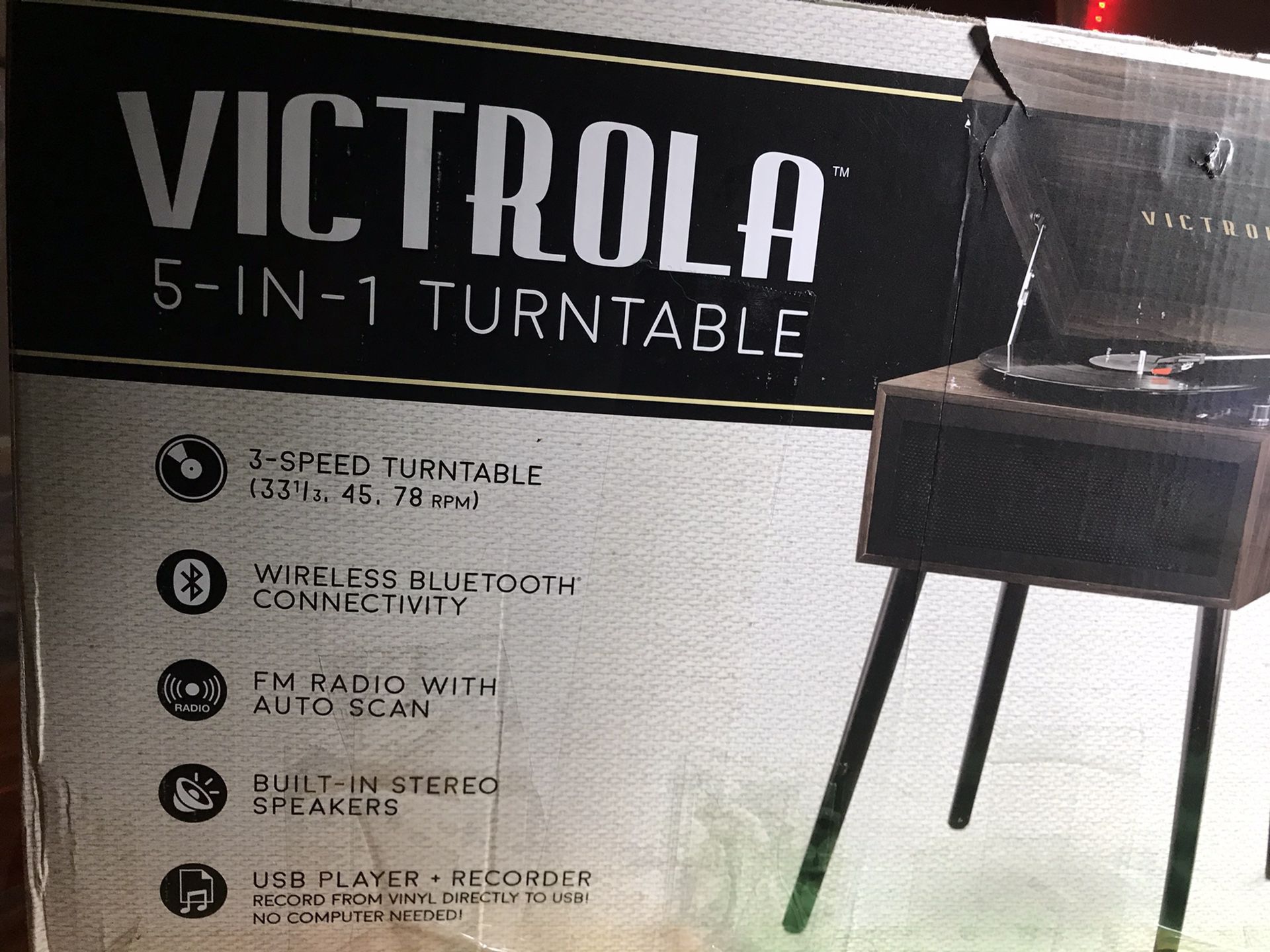 Victrola 5 In 1 Vinyl Record Turntable (Bluetooth, Radio, Speakers, Built In MP3 Recorder)